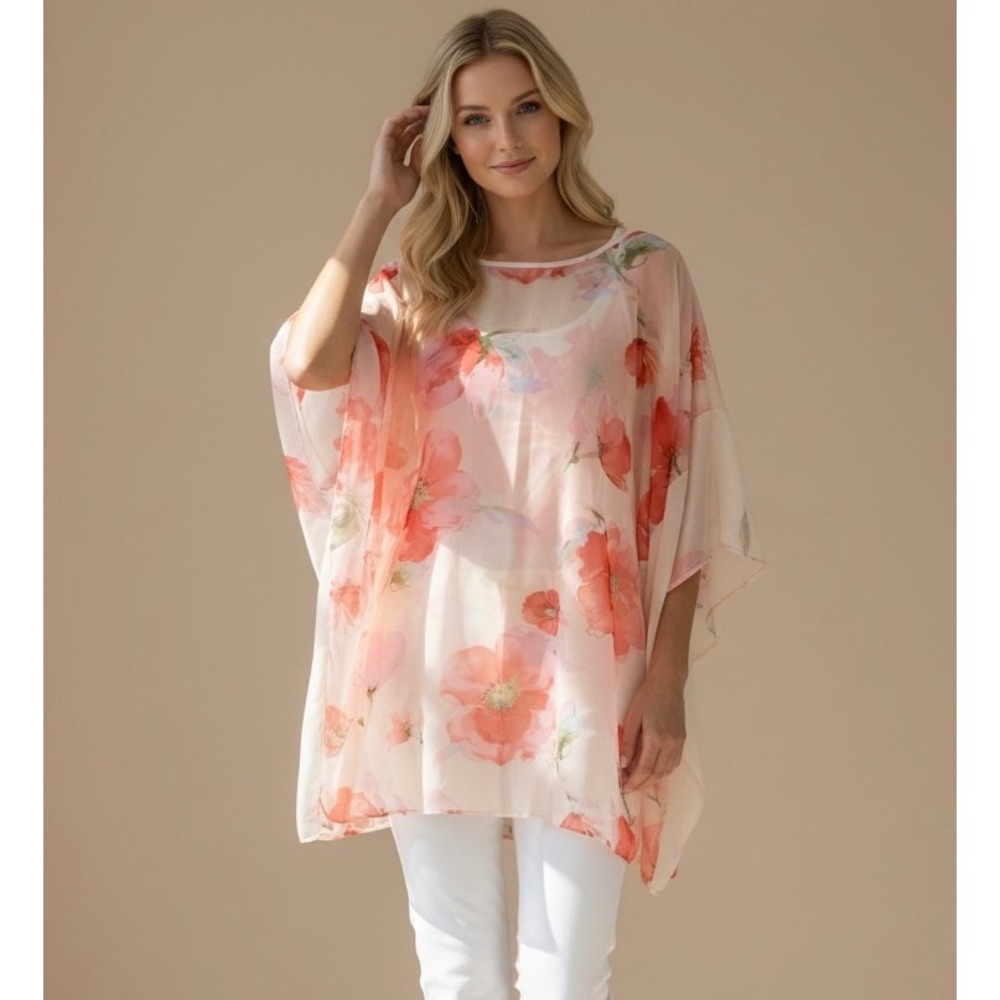 Belle Dame Floral Poncho 2 Piece Set Size Large Coral Peach Sheer Layered Blouse